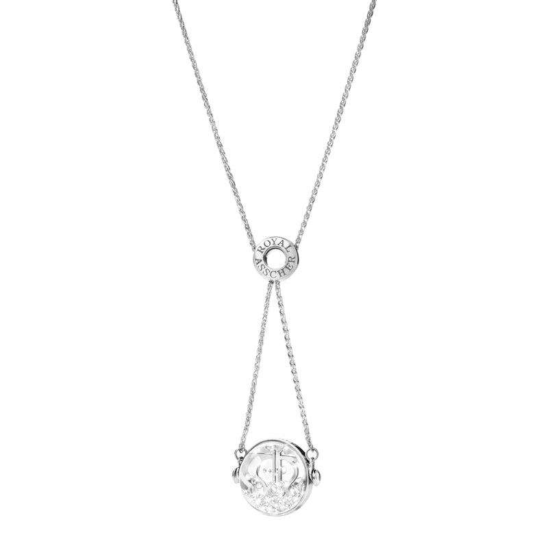 Royal Asscher Aurora Necklace In White Gold. Floating Diamonds In Large Globe
