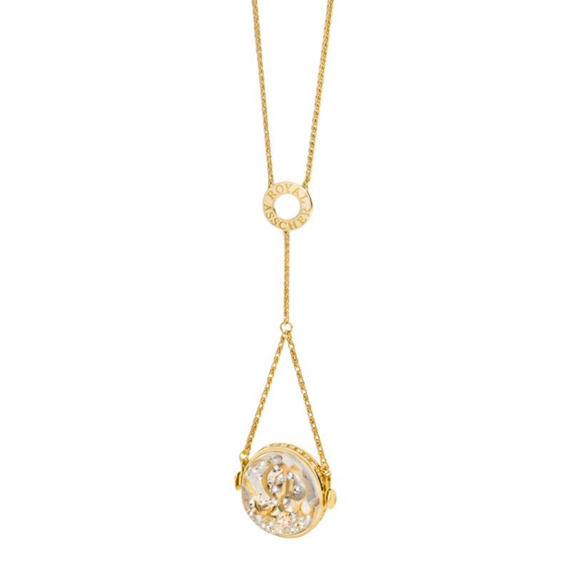 Royal Asscher Aurora Necklace In Yellow Gold. Floating Diamonds In Large Globe