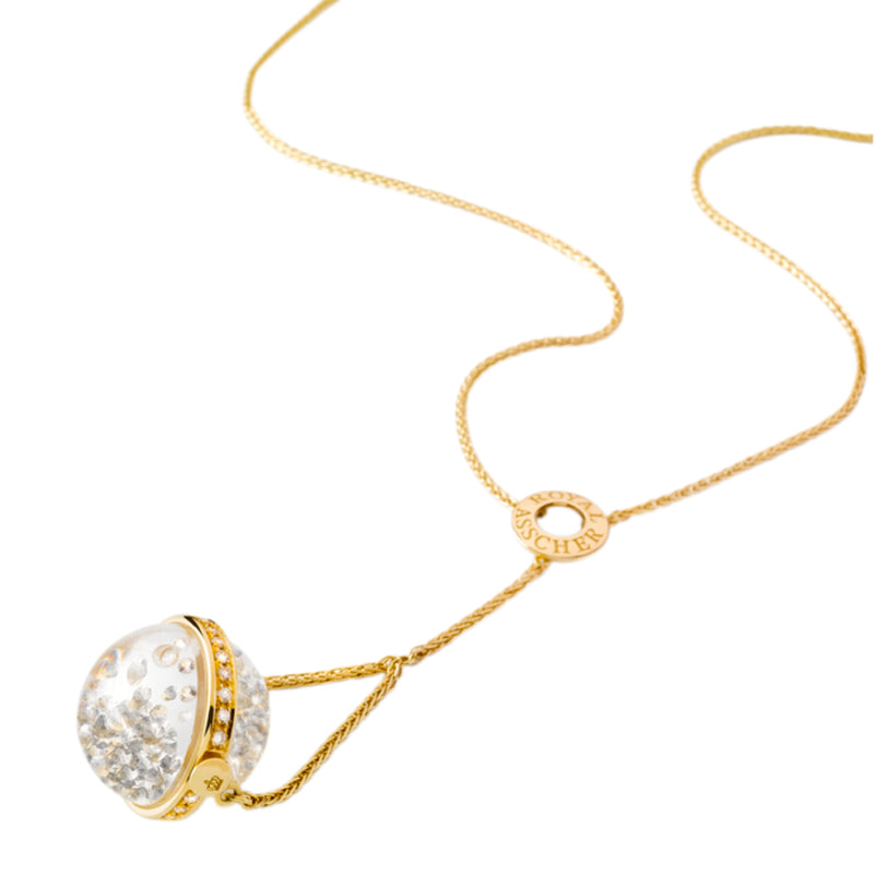 Royal Asscher Lyra Necklace In Yellow Gold. Floating Diamonds In Large Globe