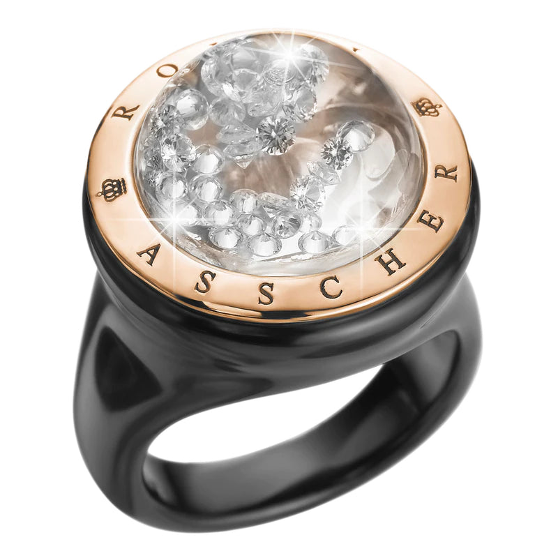 Royal Asscher Stellar Black Ceramic And Rose Gold Ring. Floating Diamonds In Small Dome