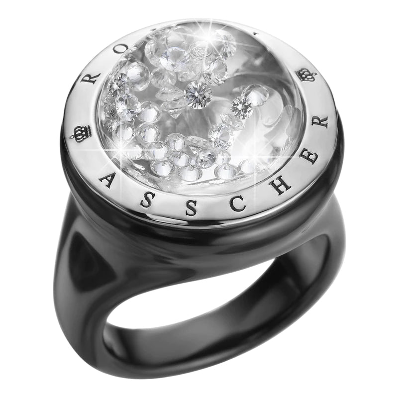 Royal Asscher Stellar Black Ceramic And White Gold Ring. Floating Diamonds In Small Dome