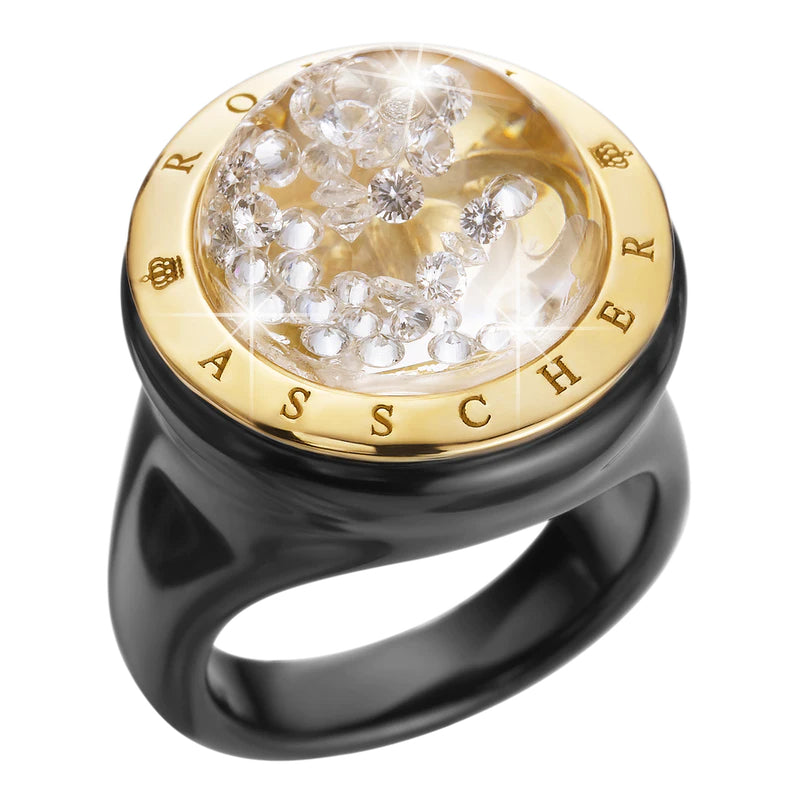 Royal Asscher Stellar Black Ceramic And Yellow Gold Ring. Floating Diamonds In Small Dome