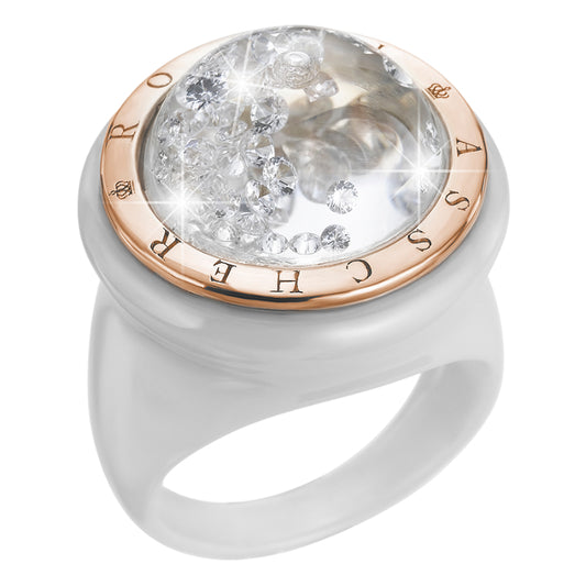 Royal Asscher Stellar White Ceramic And Rose Gold Ring. Floating Diamonds In Small Dome