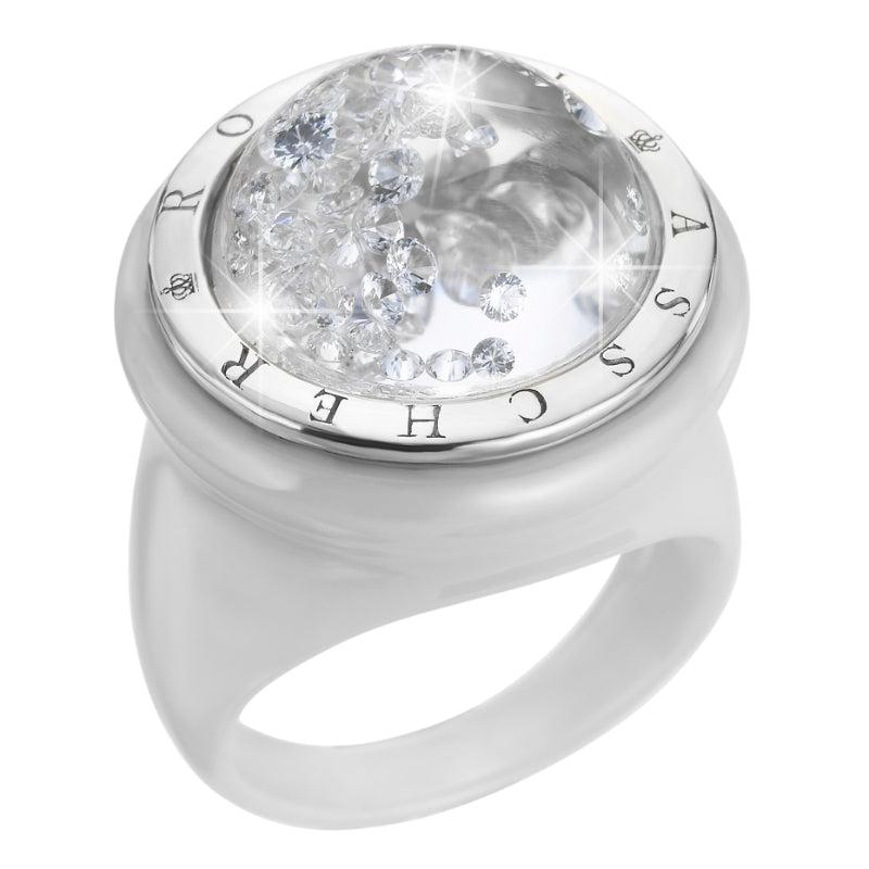 Royal Asscher Stellar White Ceramic And White Gold Ring. Floating Diamonds In Small Dome