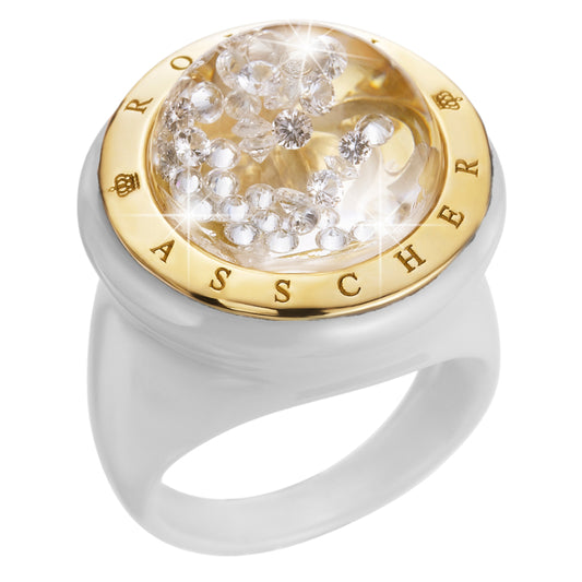 Royal Asscher Stellar White Ceramic And Yellow Gold Ring. Floating Diamonds In Small Dome