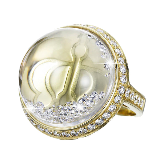 Royal Asscher Lyra Ring Pave In Yellow Gold. Floating Diamonds In Large Dome