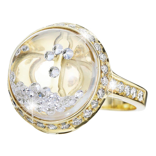 Royal Asscher Lyra Ring Pave In Yellow Gold. Floating Diamonds In Small Dome