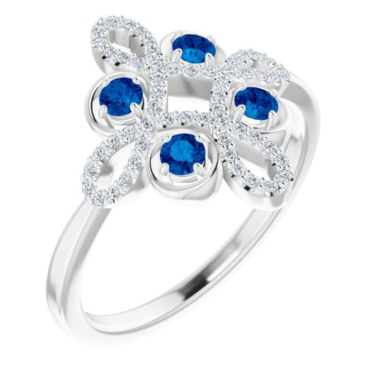 14K White Blue Sapphire & 1/6 CTW Diamond Clover Ring