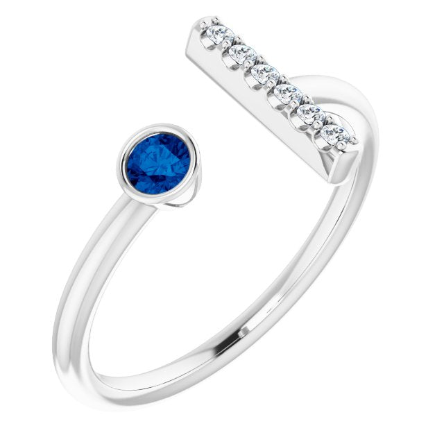 14K White Blue Sapphire & .05 CTW Diamond Bar Ring