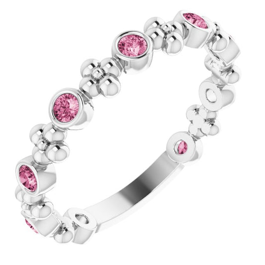 14K White Pink Tourmaline Beaded Ring