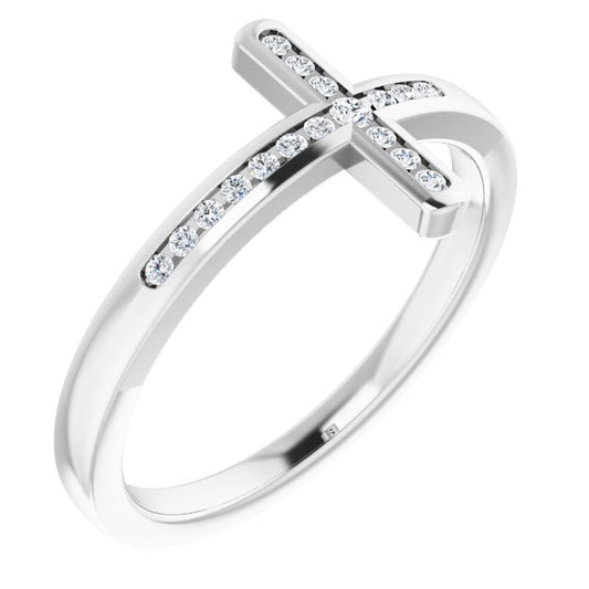 14K White 1/10 CTW Diamond Sideways Cross Ring