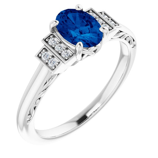 14K White Lab-Grown Lab-Grown Blue Sapphire & .05 CTW Diamond Ring