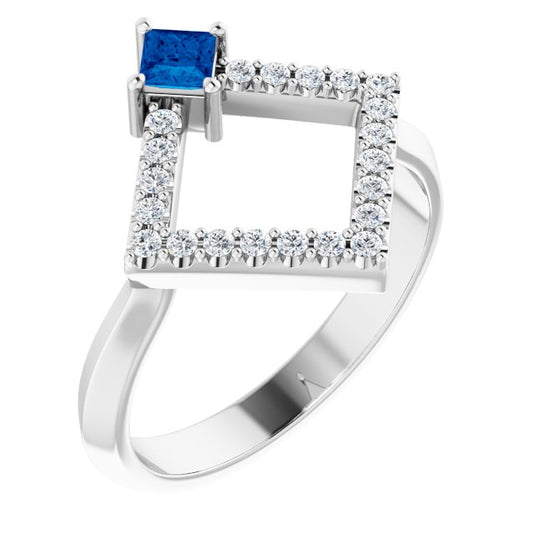 14K White Blue Sapphire & 1/5 CTW Diamond Geometric Ring