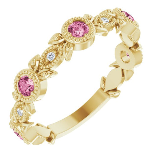 14K Yellow Pink Tourmaline & .03 CTW Diamond Leaf Ring