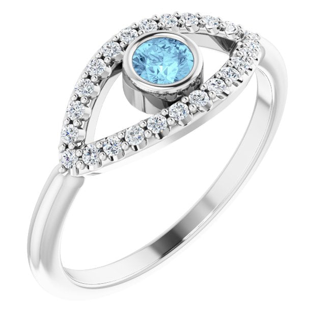 14K White Aquamarine & White Sapphire Evil Eye Ring