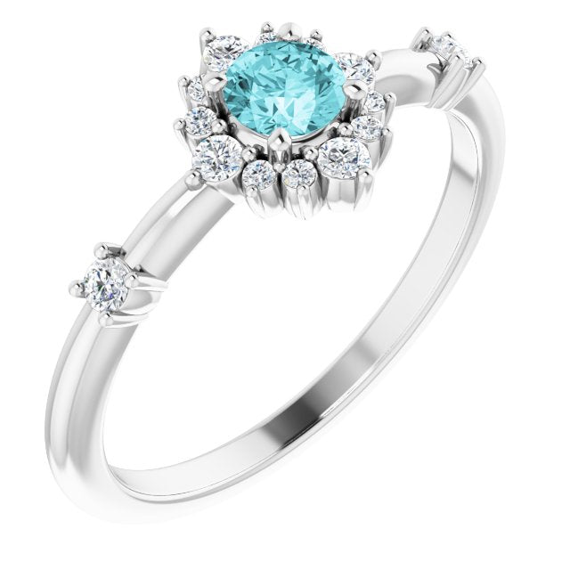 14K White Blue Zircon & 1/6 CTW Diamond Ring