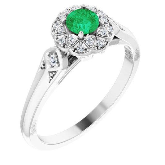 14K White Emerald & 1/10 CTW Diamond Ring