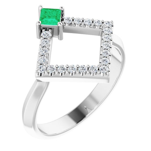 14K White Emerald & 1/5 CTW Diamond Geometric Ring