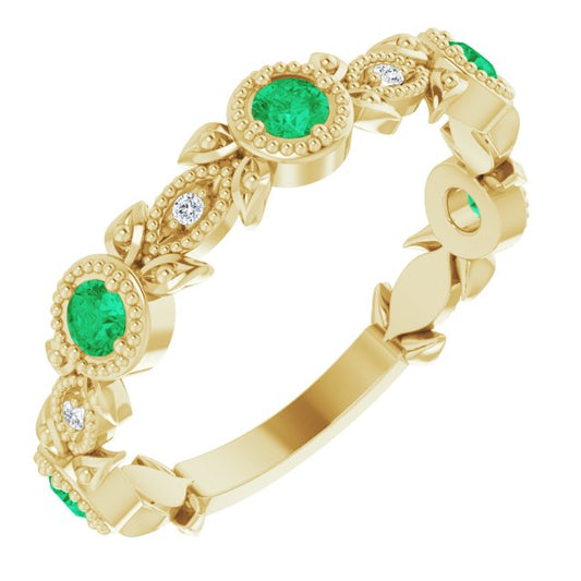 14K Yellow Emerald & .03 CTW Diamond Leaf Ring