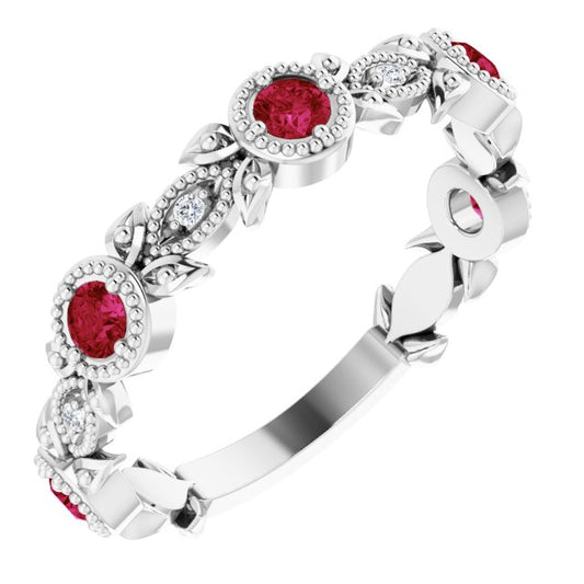 14K White Ruby & .03 CTW Diamond Leaf Ring