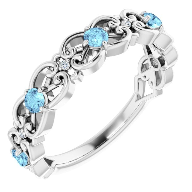 14K White Aquamarine & .02 CTW Diamond Vintage-Inspired Scroll Ring