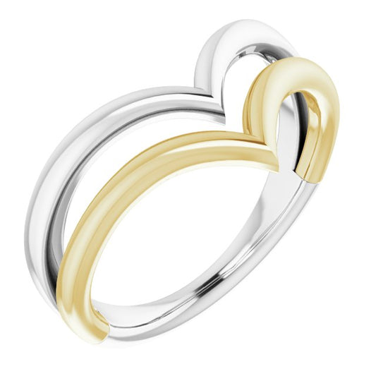 14K White & Yellow Double V Ring