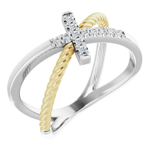 14K White & Yellow 1/10 CTW Diamond Cross Rope Ring